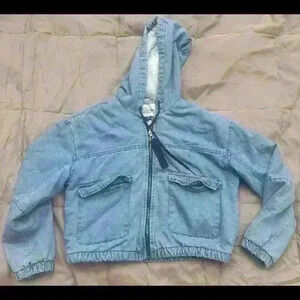 Denim Jean Hoodie Zip Cropped Jacket Sherpa Lined Blue Women's S Ashley Vintage